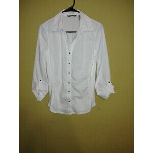 Levine Signature white button down 3/4 sleeve S/P V-neck shirt VTG Silver button